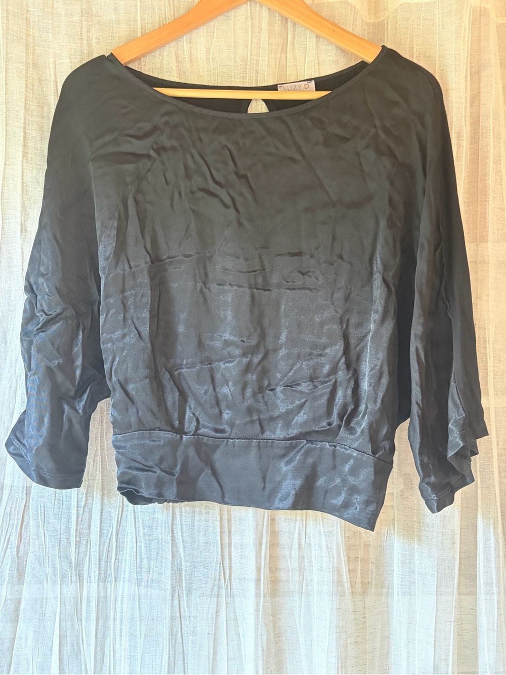 Black Satin Boatneck Blouson Long Sleeve Top Size Small